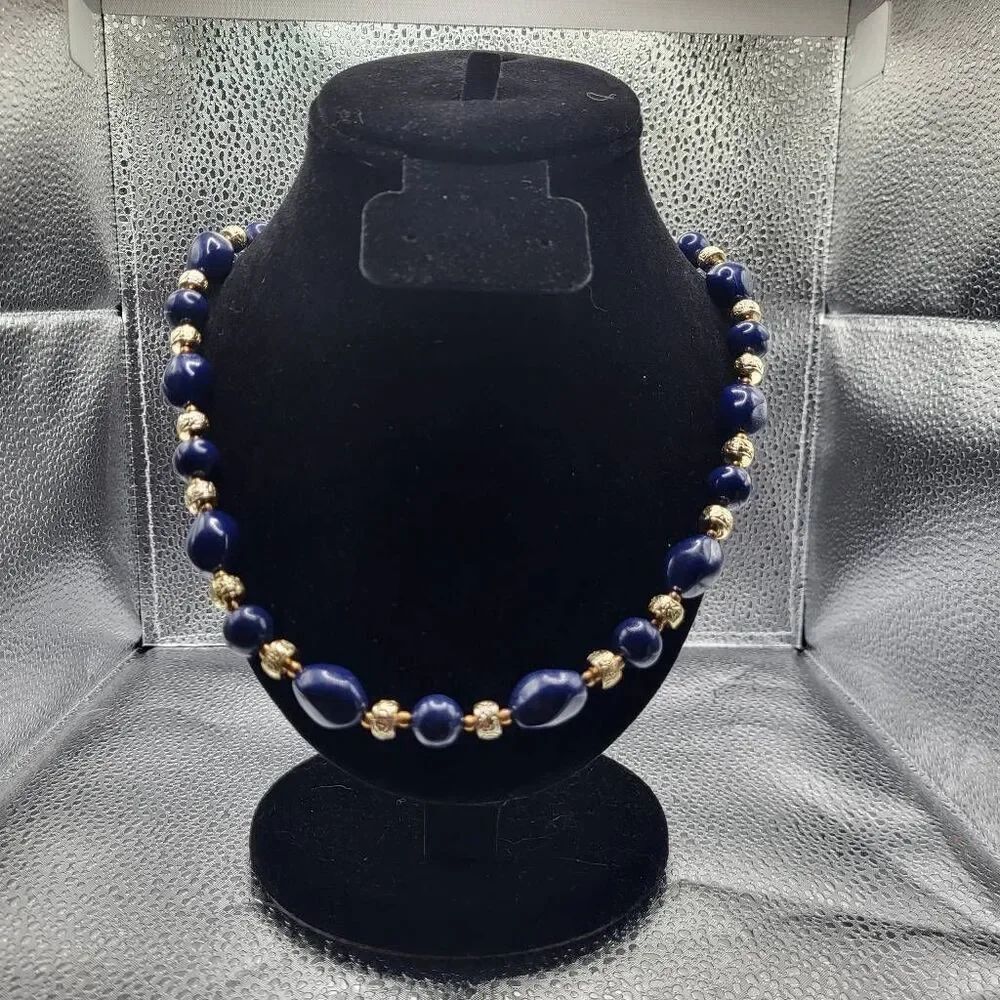 Vintage 80s Navy Blue beads with Gold Spacers - 31"